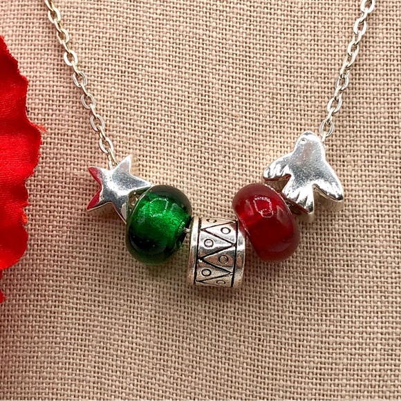 Fashion Jewelry Jewelry - Christmas Charm Necklace Red Green Glass Beads Silver Tone Bird Drum Festive Fun